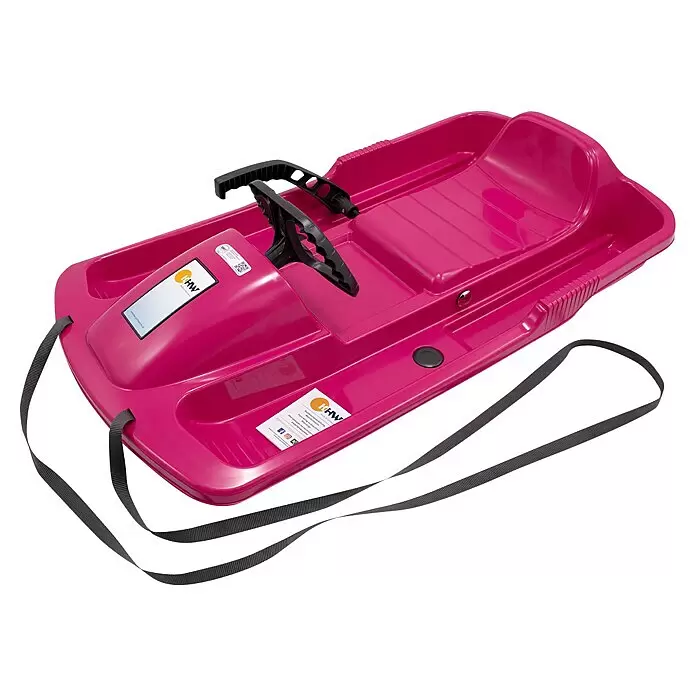 KHW Schlitten Snow Fox - L x B: 95 x 50 cm, Belastbarkeit: 65 kg, Kunststoff, Pink - Pinker Lenkschlitten aus Kunststoff mit schwarzem Lenkrad und Zugband.