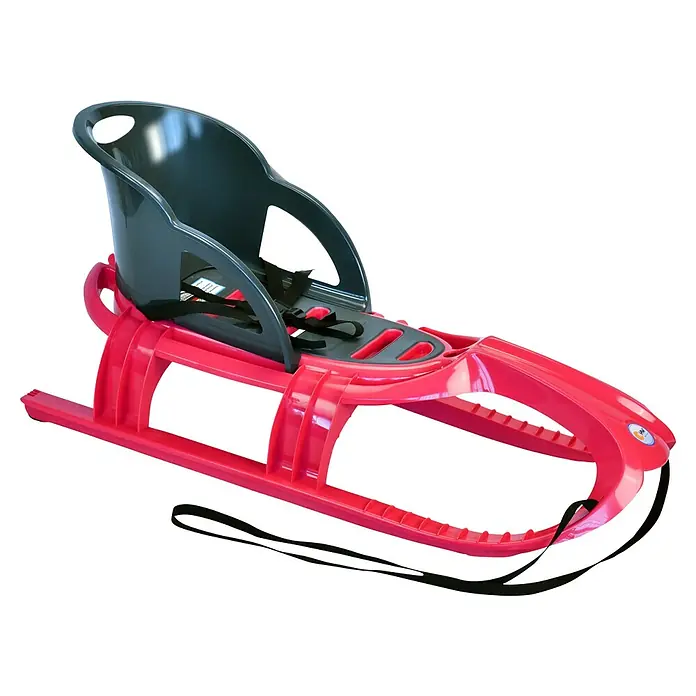 KHW Schlitten Snow Tiger Comfort - L x B: 105 x 47 cm, Belastbarkeit: 60 kg, Kunststoff, Pink/ Anthrazit - Ein roter Kinderschlitten mit einem grauen Sitz und einem schwarzen Gurt für sicheres Rodeln im Schnee.