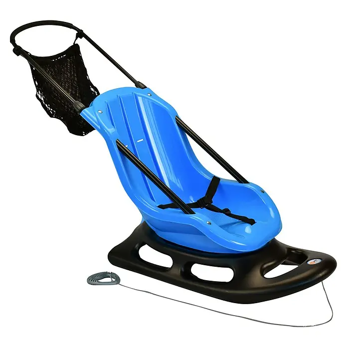 KHW Schlitten Baby Fun - L x B: 107 x 45 cm, Belastbarkeit: 18 kg, Kunststoff - Hier ist ein blauer Kinderschlitten mit schwarzem Gestell und Zugseil. Er bietet Komfort und Sicherheit für kleine Winterabenteurer.