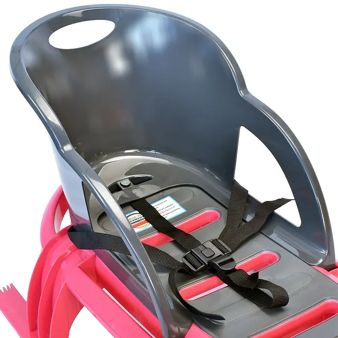 KHW Schlitten Snow Tiger Comfort - L x B: 105 x 47 cm, Belastbarkeit: 60 kg, Kunststoff, Pink/ Anthrazit - Nahaufnahme eines Kinderschlittensitzes mit grauem Kunststoffrahmen und pinkfarbenen Kufen.