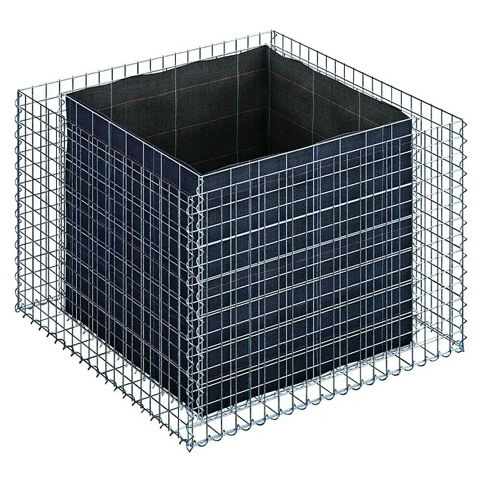 Gabiona Hochbeet MW 5x5 - 100 x 100 x 70 cm - Stahlgitter-Gabionenblumentopf: Ein quadratischer Pflanzkübel mit einem Drahtgeflecht-Außengehäuse und einem Stoffeinsatz für den Außenbereich.