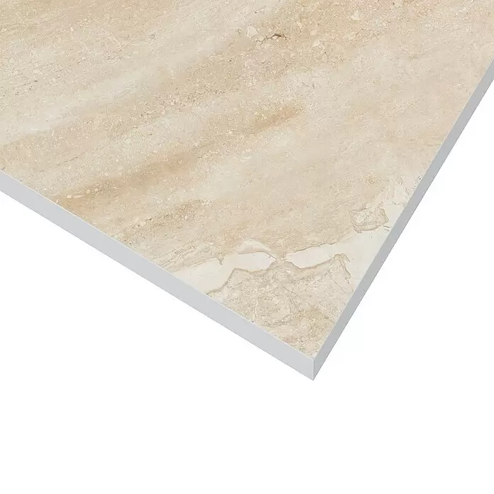 Feinsteinzeugfliese Breccia Diano - 80 x 80 cm, Beige, Glänzend - Rechteckige hellbeige Fliese in Marmoroptik mit natürlicher Maserung.