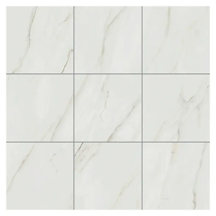 Feinsteinzeugfliese Calacatta Africa - 80 x 80 cm, Weiß, Glänzend - Nahaufnahme von neun weißen Marmorfliesen mit grauen Fugenlinien, die ein elegantes Muster bilden.