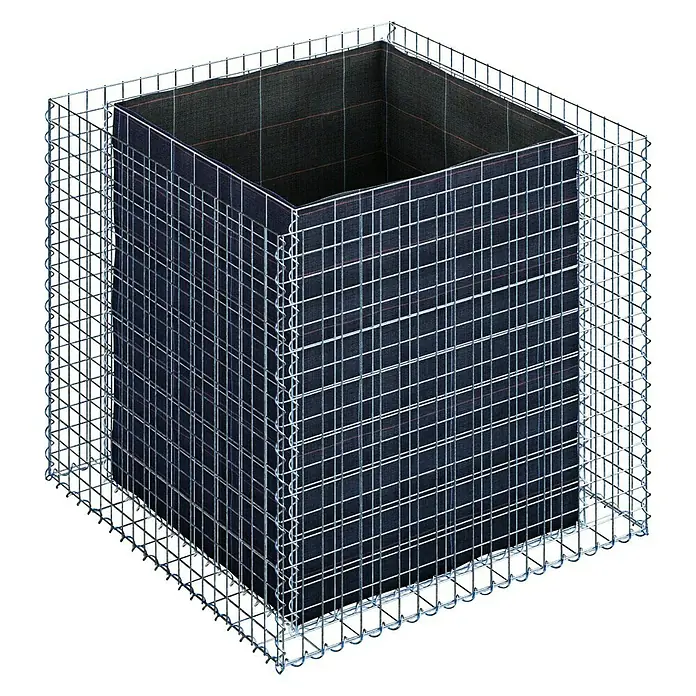 Gabiona Gabionen-Hochbeet MW 5x5 - 100 x 100 x 90 cm - Ein Kubus aus Drahtgeflecht mit einer Stoffauskleidung, ideal als dekoratives Element im Garten oder als ungewöhnliches Möbelstück.