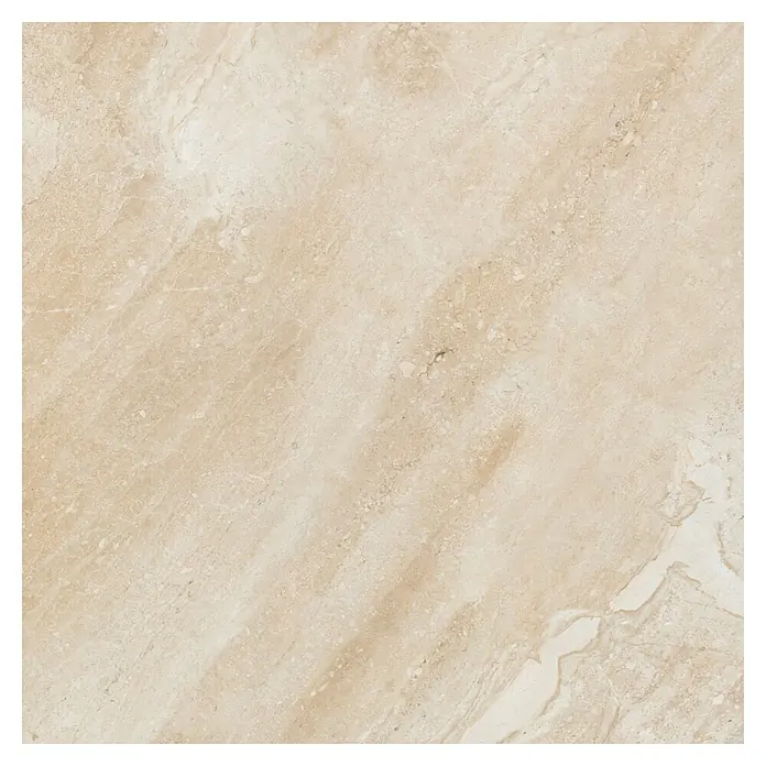Feinsteinzeugfliese Breccia Diano - 80 x 80 cm, Beige, Glänzend - Nahaufnahme einer quadratischen, beigen Marmorfliese mit subtilen Maserungen und einer glatten, polierten Oberfläche.