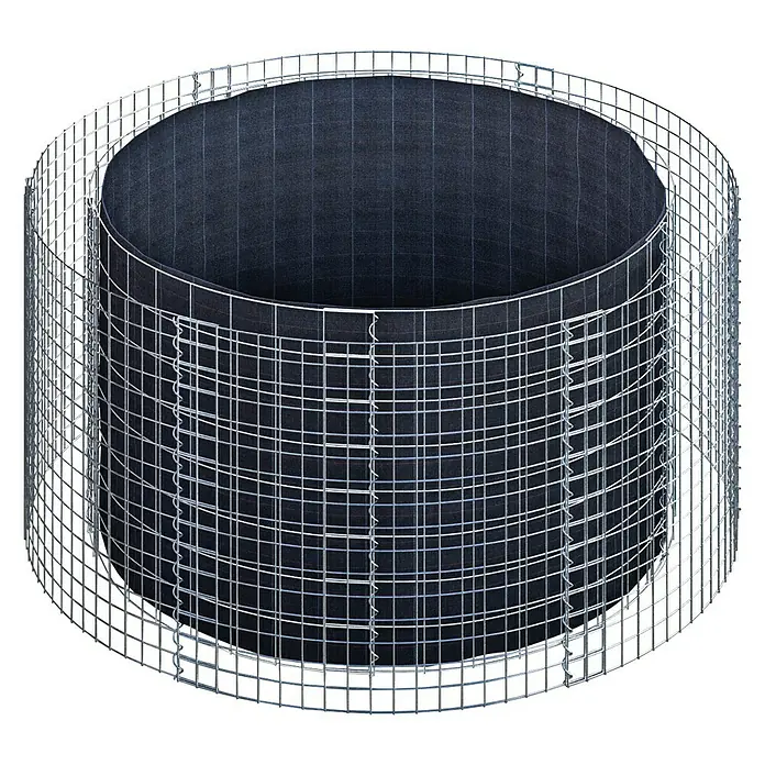 Gabiona Hochbeet - 172 x 80 cm - Ein zylindrischer Gabionen-Pflanzkübel mit Drahtgeflecht und schwarzem Stoffeinsatz, ideal für Garten- und Landschaftsgestaltung.