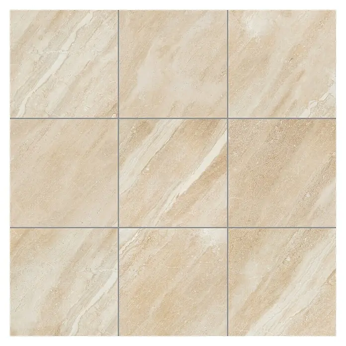 Feinsteinzeugfliese Breccia Diano - 80 x 80 cm, Beige, Glänzend - Nahaufnahme von neun quadratischen beigen Bodenfliesen mit Marmormuster, getrennt durch graue Fugenlinien. Ideal für Bad und Küche.