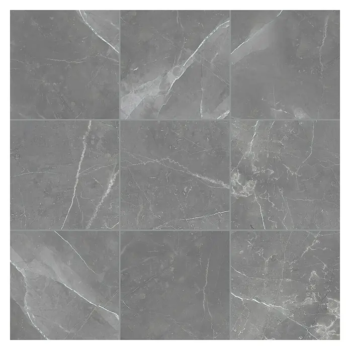 Feinsteinzeugfliese Amani Marble Light - 80 x 80 cm, Grau, Glänzend - Nahaufnahme eines Musters aus grauen Marmorfliesen, ideal für moderne Innenräume, die ein elegantes und dauerhaftes Material suchen.
