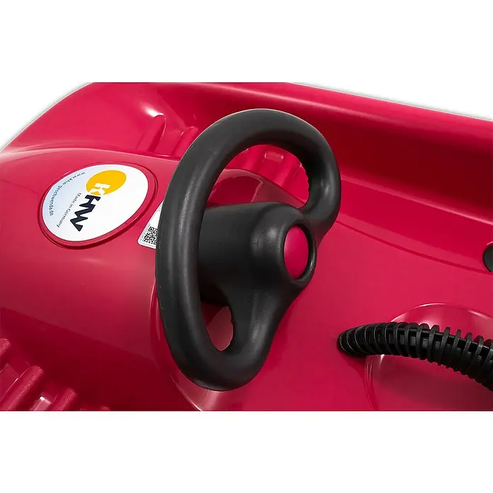 KHW Schlitten Snow Flyer - L x B: 100 x 52 cm, Belastbarkeit: 85 kg, Kunststoff, Pink - Nahaufnahme eines roten KHW Snow Flyer Schlittens mit schwarzem Lenkrad und Zugseil.