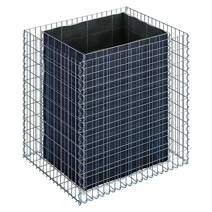 Gabiona Hochbeet MW 5x10 - 100 x 80 x 100 cm - Produktansicht eines Gabionenkorbs mit einer quadratischen Stoffauskleidung, die eine stilvolle und funktionale Struktur für den Außenbereich bietet.