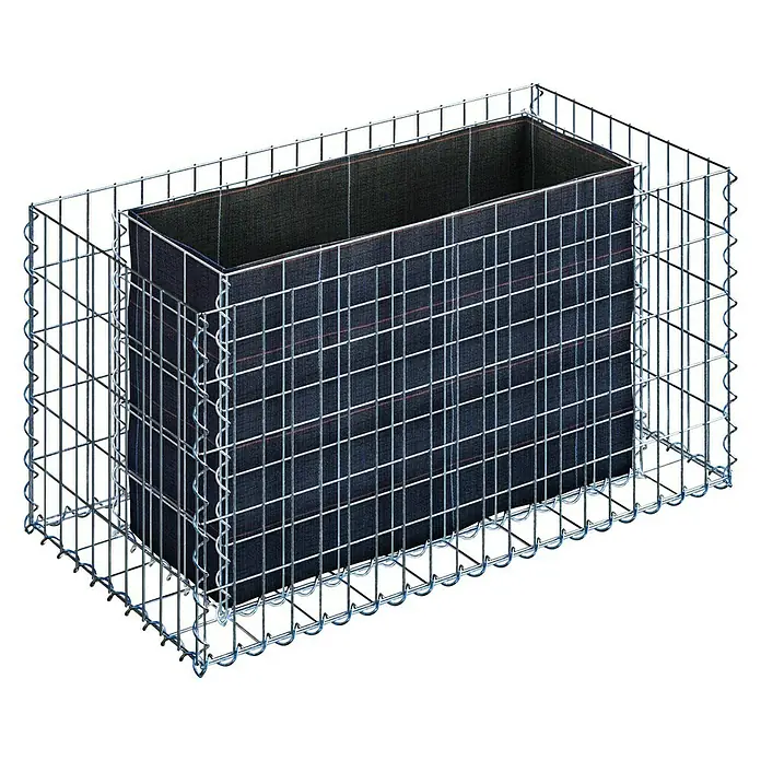 Gabiona Hochbeet MW 5x10 - 100 x 50 x 50 cm - Abgebildete Gabione, ein Drahtkorb mit einem Einsatz, ideal für Gartengestaltung oder als dekoratives Element im Außenbereich.