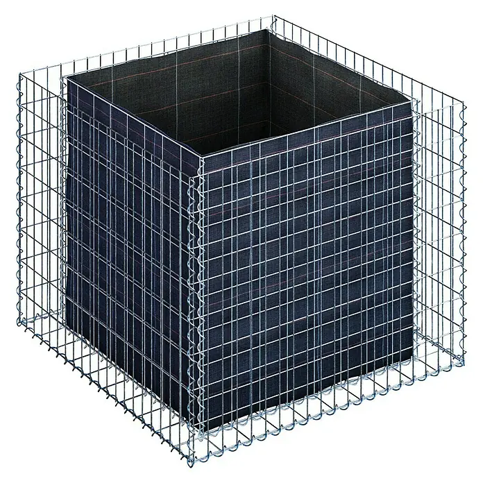 Gabiona Hochbeet MW 5x10 - 100 x 100 x 80 cm - Der quadratische Gabionen-Pflanzkübel ist mit einem dunklen Stoffeinsatz versehen und bietet Platz für Pflanzen. Das Drahtgeflecht ist sehr stabil.