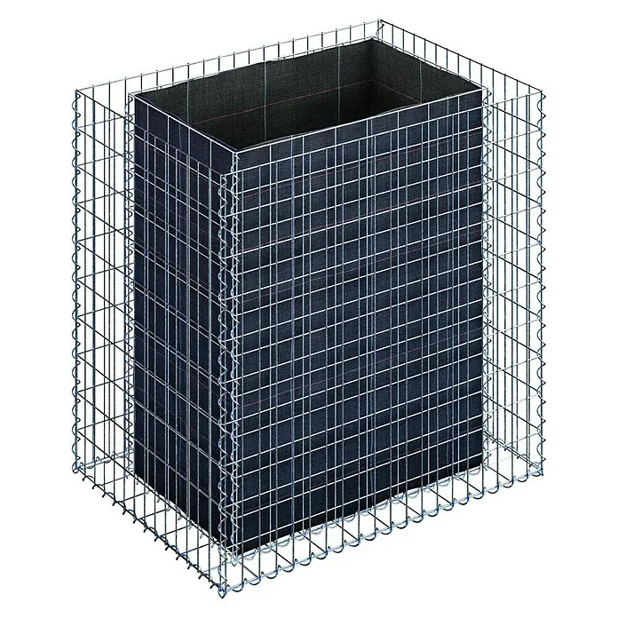 Gabiona Hochbeet MW 5x10 - 100 x 70 x 100 cm - Das Bild zeigt einen Gabionen-Pflanzkübel mit Drahtgitterstruktur und einem Inneneinsatz mit Karo-Muster, ideal für den Garten.
