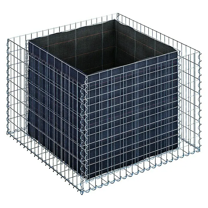 Gabiona Hochbeet MW 5x10 - 100 x 100 x 70 cm - Das Bild zeigt einen Gabionen-Pflanzkübel in Würfelform. Der Kübel besteht aus einem Drahtgitter und ist mit einem karierten Stoff ausgekleidet.