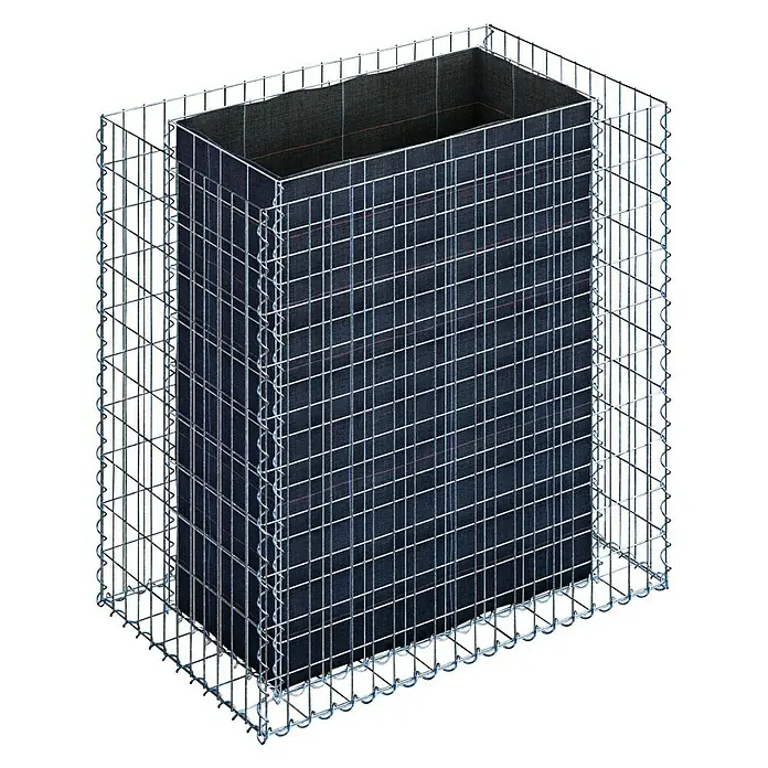 Gabiona Hochbeet MW 5x10 - 100 x 60 x 100 cm - Das Bild zeigt einen Gabionenkorb, der mit einem schwarzen, karierten Stoff ausgekleidet ist. Der Korb ist aus Metall gefertigt und hat eine rechteckige Form.