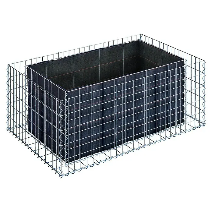 Gabiona Hochbeet MW 5x10 - 130 x 80 x 50 cm - Draufsicht auf eine Gabione, eine rechteckige Drahtstruktur, die mit Stoff ausgekleidet ist. Perfekt für Gartenbauprojekte und dekorative Zwecke.