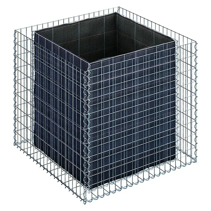 Gabiona Hochbeet MW 5x10 - 100 x 100 x 90 cm - Produktabbildung eines Gabionen-Pflanzgefäßes mit quadratischem Einsatz und Drahtgitterstruktur, ideal für moderne Gartengestaltung.