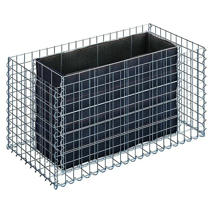 Gabiona Hochbeet MW 5x5 - 100 x 50 x 50 cm - Das Bild zeigt einen rechteckigen Gabionenkorb mit feuerverzinktem Drahtgitter, der mit einem blauen Sichtschutzzaun ausgestattet ist.