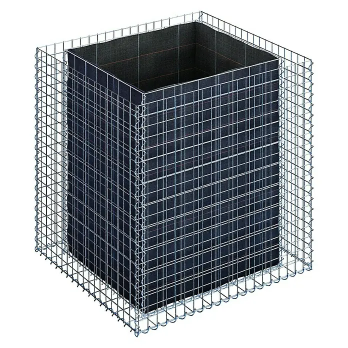 Gabiona Hochbeet MW 5x5 - 100 x 90 x 100 cm - Bild eines Gabionen-Pflanzgefäßes. Der Pflanzkübel ist mit einem Drahtgeflecht umgeben und bietet eine stabile Struktur für Pflanzen.