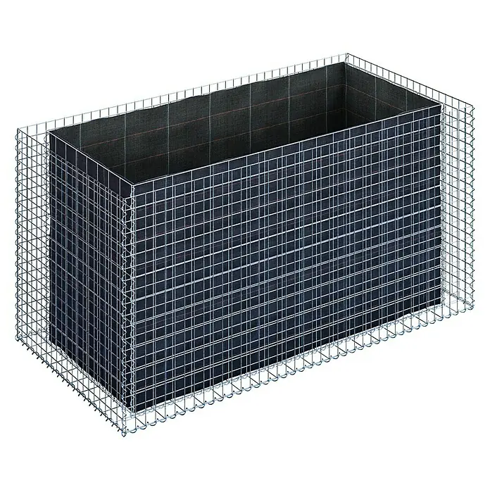 Gabiona Hochbeet 5x5 MW & 10 x 10 MW - 200 x 100 x 100 cm, Steinbedarf: 636,794 kg - Das Bild zeigt einen Gabionenkorb, der mit einem schwarzen Stoff ausgekleidet ist. Der Korb besteht aus einem stabilen Drahtgitter und ist leer.