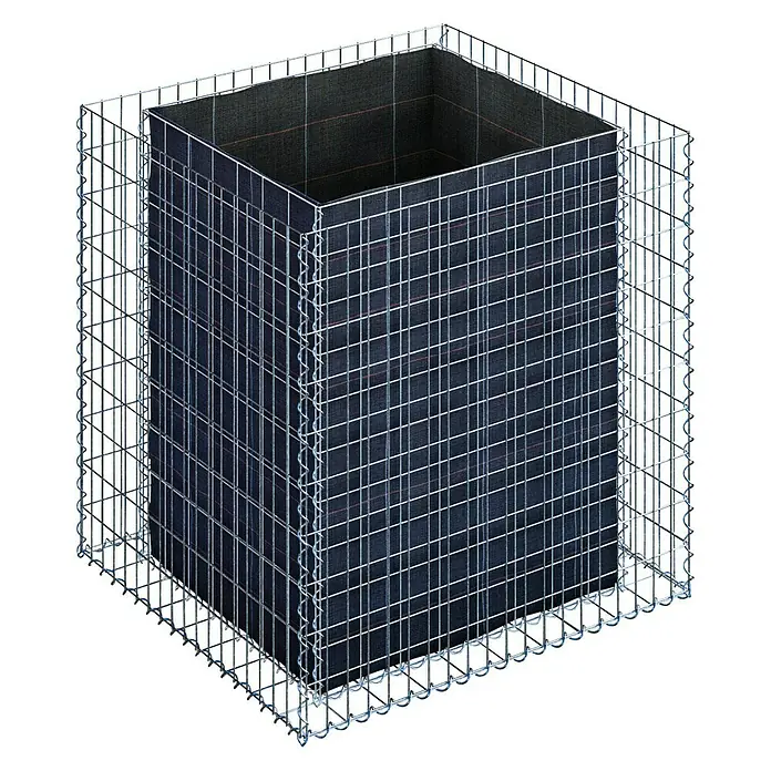 Gabiona Hochbeet MW 5x10 - 100 x 90 x 100 cm - Bild eines Gabionen-Blumenkastens mit blau kariertem Einsatz, umgeben von einem stabilen Drahtgitter. Ideal für stilvolle Gartengestaltung.