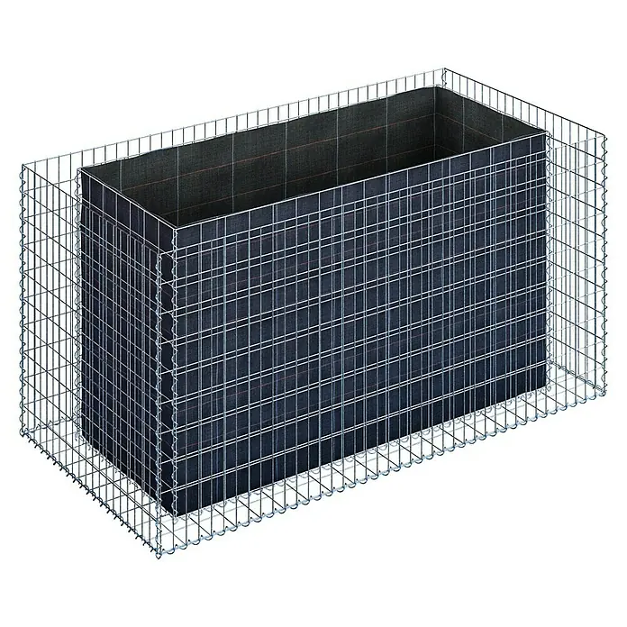 Gabiona Hochbeet MW 5x10 - 200 x 100 x 100 cm - Ansicht eines Gabionenkorbs mit einer feinen Gitterstruktur, die ein rechteckiges Füllmaterial umschließt. Perfekt für Garten- und Landschaftsbau.