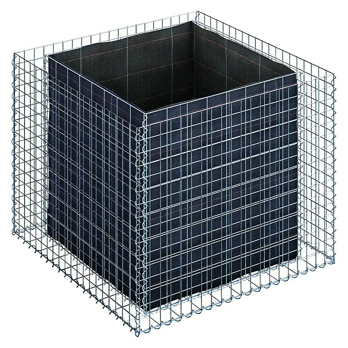 Gabiona Gabionen-Hochbeet MW 5x5 - 100 x 100 x 80 cm - Ein würfelförmiger Gabionen-Pflanzkübel mit dunklem Einsatz und silberfarbenem Drahtgitter. Ideal für moderne Gärten und Terrassen.