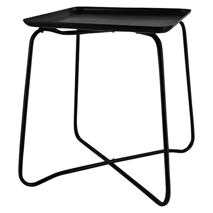 Beistelltisch Knock Down - L x B x H: 42 x 42 x 45 cm, Schwarz, Metall - Schwarzer Serviertisch mit einem rechteckigen Tablett und einem minimalistischen Gestell, ideal für moderne Wohnräume.