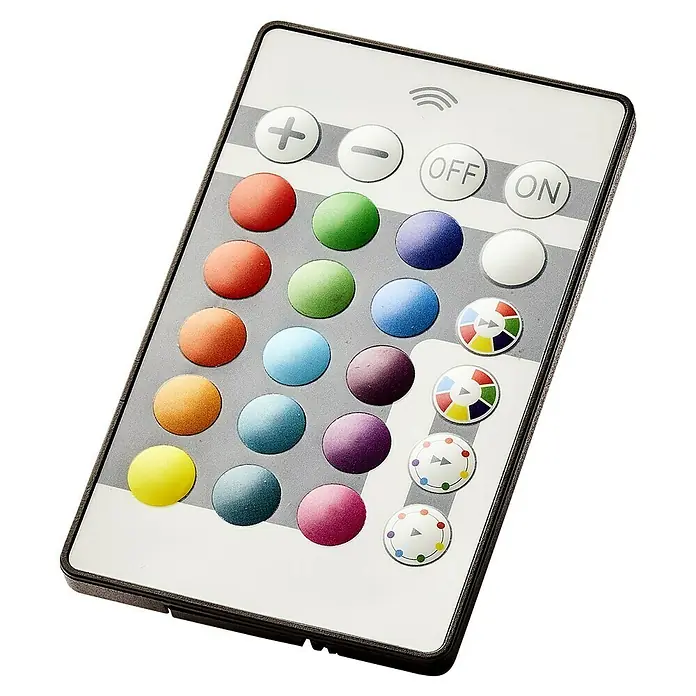 Brilliant LED-Deckenleuchte Tanida - 23 W, L x B x H: 42 x 42 x 2,6 cm, Weiß, RGBW, Rund - Nahaufnahme einer LED-Licht-Fernbedienung mit bunten Tasten und verschiedenen Funktionen. Die Fernbedienung ist übersichtlich gestaltet.