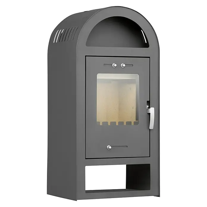 Firefix Kaminofen-Set Galeras - 7,5 kW, Raumheizvermögen: 195 m³, Material Verkleidung: Stahl, Schwarz - Abgebildeter grauer Kaminofen mit Glastür und Ablagefach, ideal für gemütliche Wärme und stilvolles Ambiente.