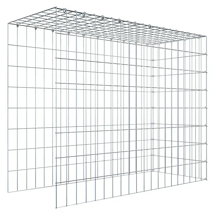 Gabiona Gabione Typ 4 - Zum Anbau in Länge & Höhe, 100 x 40 x 80 cm, Stahl, Maschenbreite: 50 mm, Maschenhöhe: 100 mm, C-Ring - Ein grauer Gabionenkorb mit rechteckigem Gittermuster vor einem schwarzen Hintergrund. Das Produkt ist leer und bereit für die Befüllung.