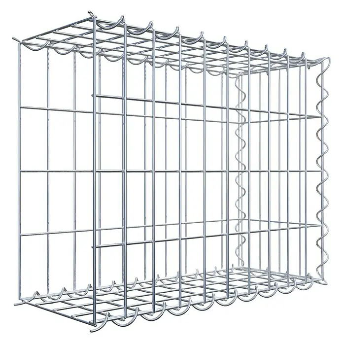 Gabiona Gabione Typ 2 - Zum Anbau in der Länge, 50 x 20 x 40 cm, Stahl, Maschenbreite: 50 mm, Maschenhöhe: 100 mm, Spirale - 3D-Ansicht eines leeren Gabionenkorbs aus Drahtgeflecht, ideal für Garten- und Landschaftsbauprojekte.