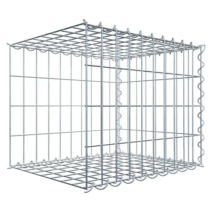 Gabiona Gabione Typ 2 - Zum Anbau in der Länge, 50 x 40 x 40 cm, Stahl, Maschenbreite: 50 mm, Maschenhöhe: 100 mm, Spirale - Abbildung eines leeren Gabionenkäfigs aus silberfarbenem Metalldraht, der Stabilität und Haltbarkeit für verschiedene Landschaftsbauprojekte bietet.