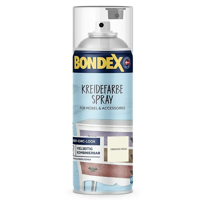 Bondex Sprühlack Kreidefarbespray für Möbel & Accessoires - Cremiges Weiß, Stumpfmatt, 400 ml - Produktbild: Dose Bondex Kreidefarbe Spray für Möbel & Accessoires, Farbe Cremiges Weiß, ideal für Shabby-Chic-Look und vielseitig kombinierbar.