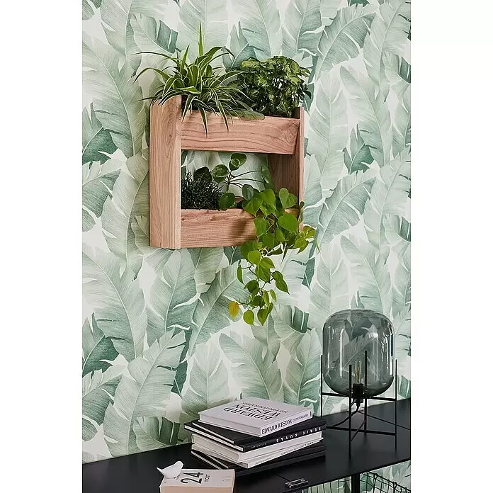 Marburg Avalon Vliestapete - Weiß-Grün, Floral, 10,05 x 0,53 m - Wandmontierter Pflanzenhalter aus Holz mit verschiedenen Grünpflanzen vor botanischer Tapete.