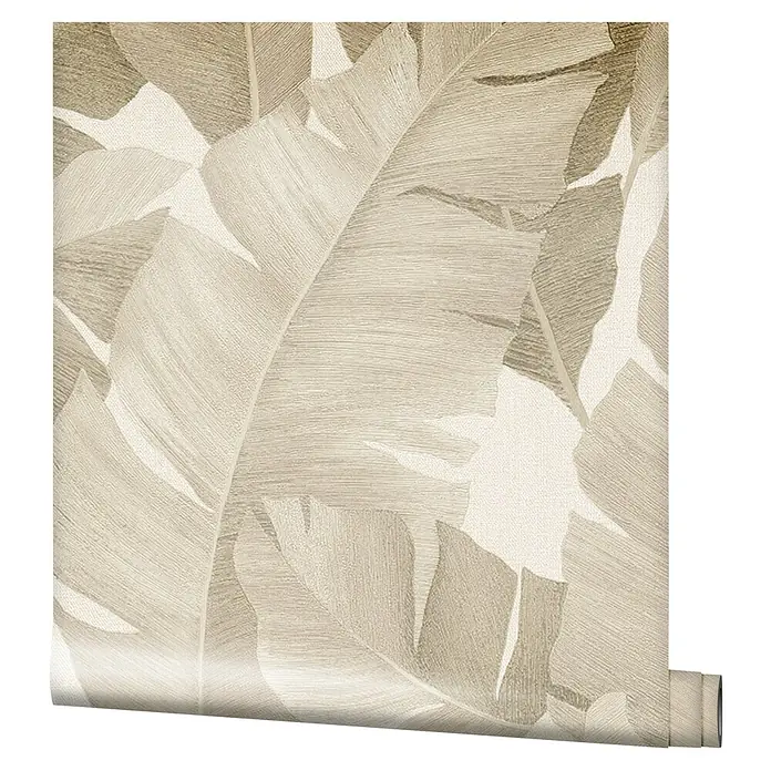 Marburg Avalon Vliestapete - Beige, Floral, 10,05 x 0,53 m - Eine Rolle beigefarbene Tapete mit einem auffälligen Bananenblattmuster, die eine natürliche und elegante Atmosphäre schafft.