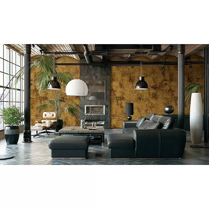 Marburg Smart Art Gallery Fototapete Kombi-Uni - B x H: 2,65 x 3,4 m, Vlies - Schwarzes Leder-Ecksofa mit passendem Ottoman, das ein modernes Industriel-Wohnzimmer elegant einrichtet.