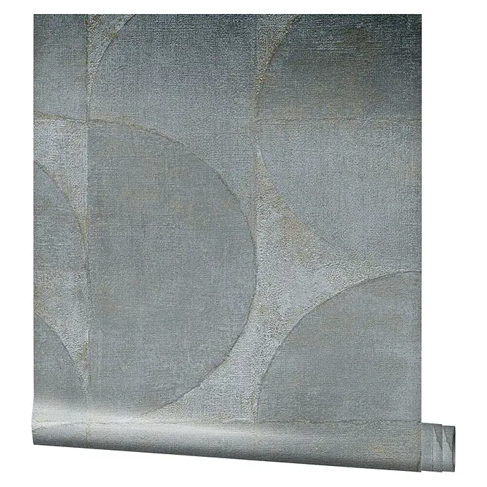 Marburg Vintage Deluxe Vliestapete - Blau-Grau, Grafisch, 10,05 x 0,53 m - Eine Rolle silberfarbene Tapete mit einem abstrakten Kreismuster, die ein modernes und elegantes Design für Innenräume bietet.