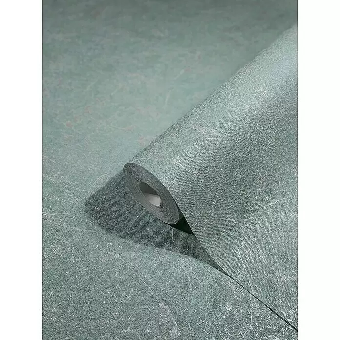 Marburg Vintage Deluxe Vliestapete - Grün-Pearl, Uni, 10,05 x 0,53 m - Eine teilweise abgerollte Tapetenrolle in Türkis mit strukturiertem Silbermuster.