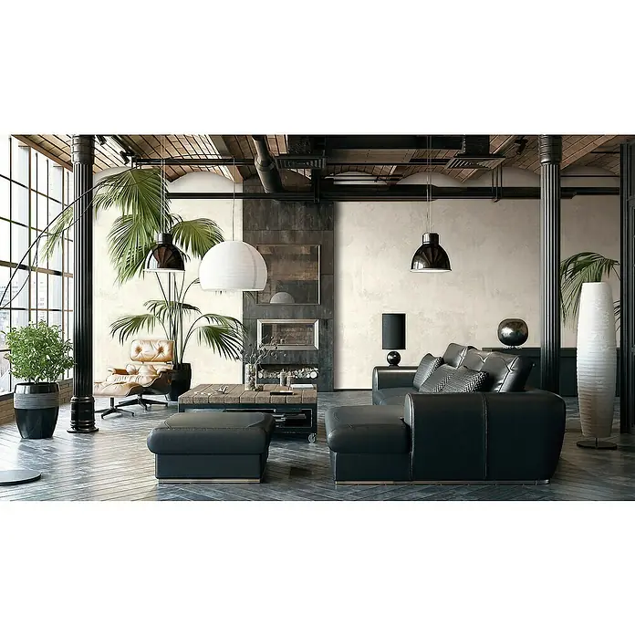 Marburg Smart Art Gallery Fototapete Kombi-Uni - B x H: 1,59 x 2,7 m, Vlies, Greige - Einrichtung mit modernem schwarzem Ledersofa, einem Couchtisch aus Holz und Metall und stilvoller Beleuchtung für ein luxuriöses Ambiente.