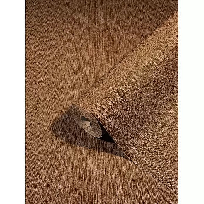 Marburg Modernista Vliestapete - Braun, Uni, 10,05 x 0,53 m - Braune, vertikal texturierte Tapetenrolle teilweise abgerollt, mit gekrümmter Textur am Rollenteil.