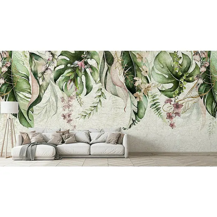 Marburg Smart Art Gallery Fototapete Craquelé - B x H: 4,24 x 2,7 m, Vlies, Motiv I+II - Ein stilvolles Wohnzimmer mit einer weißen Couch und einer floralen Tapete, die eine entspannende Atmosphäre schafft.