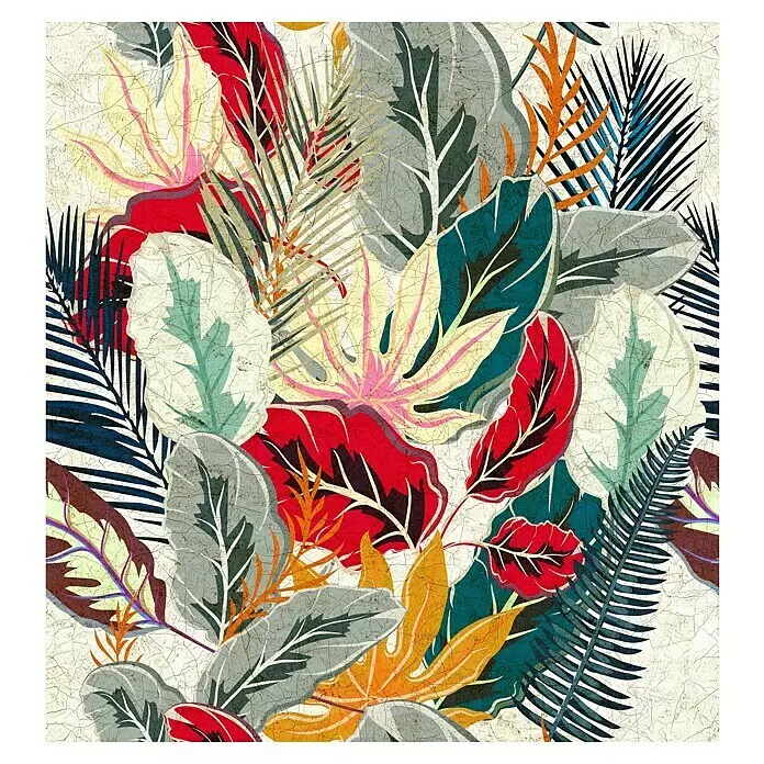 Marburg Smart Art Gallery Fototapete Craquelé - B x H: 3,18 x 3,4 m, Vlies, Motiv III - Bunt - Lebendiges Tropenblattmuster mit roten, orangefarbenen, blaugrünen und blauen Blättern, versehen mit einer rissigen Textur.