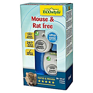 ECOstyle Ultrasone knaagdierenverdrijver Mouse & Rat free (Inhoud voldoende voor ca.: 30 m², 2 st., Op netstroom)