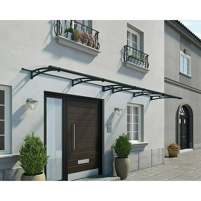 Palram – Canopia Pultvordach Aquila - 412 x 91,5 x 17,5 cm, Anthrazitgrau, Farbe Dach: Klar - Ein modernes Haustürvordach aus Klarglas mit schwarzem Gestell schützt den Eingangsbereich vor Wind und Wetter.