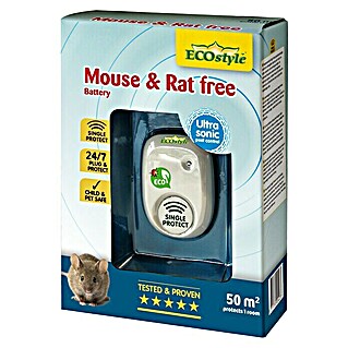 ECOstyle Ultrasone knaagdierenverdrijver Mouse & Rat free (Werkt op batterijen, Inhoud voldoende voor ca.: 50 m²)