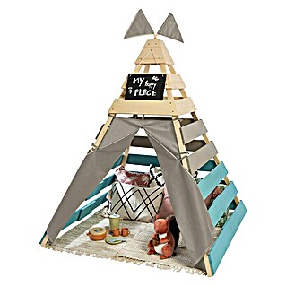 Muddy Buddy Tienda Tipi Dreamer (L x An: 135 x 135 cm, Madera, Natural/Gris cálido/Azul gasolina)