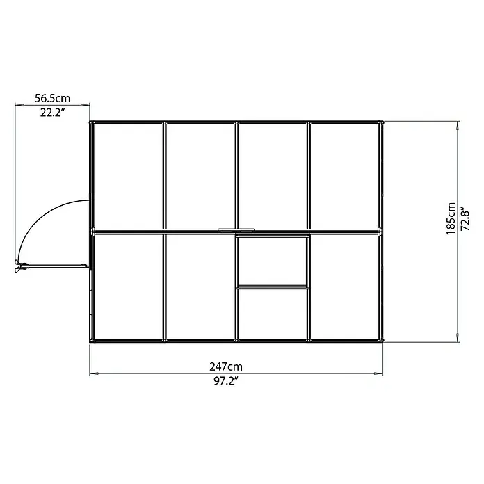 Palram – Canopia Gewächshaus Mythos 6x8 - Außenmaß inkl. Dachüberstand (B x T): 185 x 247 cm, 4 mm, Silber/Transparent - Draufsicht des Gewächshauses mit Maßangaben. Die Größe beträgt 247 cm x 185 cm.