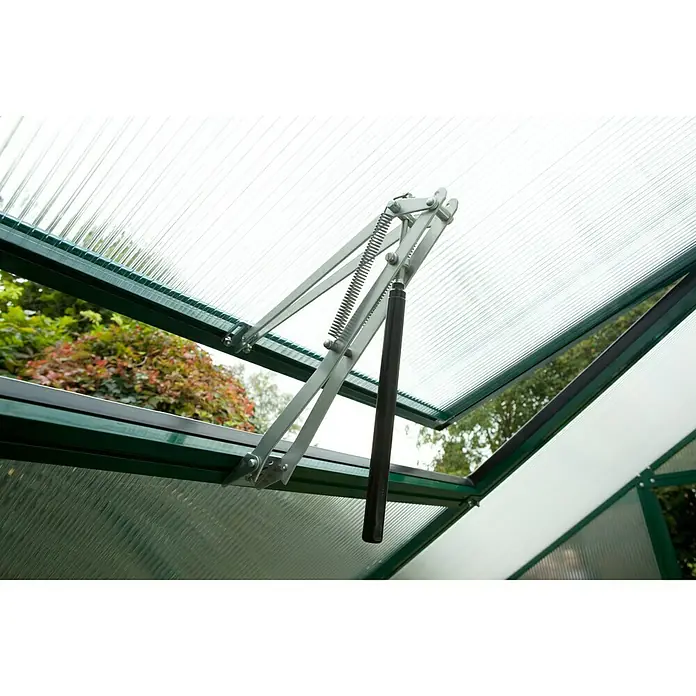 KGT Automatischer Fensteröffner - Passend für: KGT Gewächshäuser - Detailaufnahme eines automatischen Fensteröffners für ein Gewächshaus, der für optimale Belüftung sorgt.