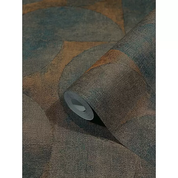 Marburg Vintage Deluxe Vliestapete - Kupfer-Anthrazit, Grafisch, 10,05 x 0,53 m - Strukturierte Tapetenrolle mit abstraktem blaugrünem und braun/goldenem geometrischem Muster.